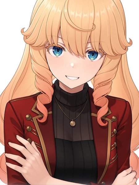 masterpiece,best quality,newest,
1boy,solo,
<lora:Nicole_Francisca_ilxl_v1.0>,nicole_f,blonde hair,grey gradient hair,blonde eyelashes,blue eyes,u.r.k,necklace,red jacket,black dress,turtleneck,<lora:Fixhands_anime_bdsqlsz_V1:1>,standing,white_background,simple_background,upper_body,crossed arms,grin,portrait,looking_at_viewer,