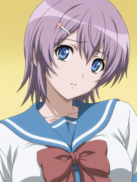 masterpiece,high score,great score,absurdres,solo,anime coloring,looking at viewer,upper_body,<lora:AnnaIchinose hassakuill30:1> annaichinose, purple hair, short hair, hairclip, blue eyes,serafuku,bow,