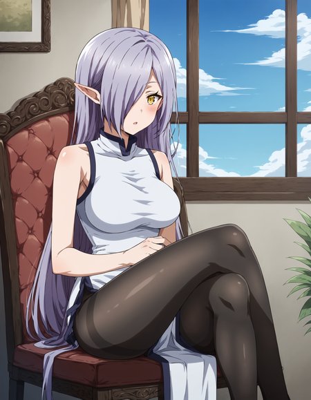 score_9, score_8_up, score_7_up, score_6_up, score_5_up, score_4_up, source_anime, anime coloring, rating_explicit
BREAK
kyarotto_olis, 1girl, solo, purple hair, very long hair, hair over one eye, pointy ears, yellow eyes, sleeveless dress, white dress, (long dress:1.2), side slit, black pantyhose, looking at viewer, blush, sitting, crossed legs, on chair
BREAK
wooden chair, window, indoors, day, blue sky
<lora:kyarotto_PeachBoyRiverside_ponyxl_v1:1>