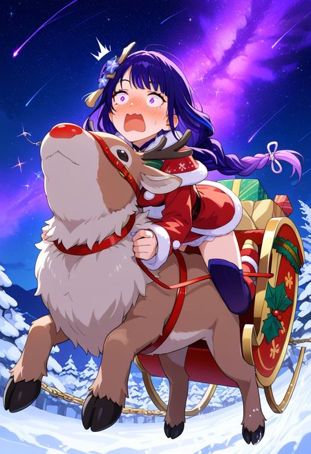 masterpiece,best quality,absurdres,very aesthetic,1girl,raiden shogun,surprised,nose blush,snot,sleigh,reindeer,christmas,leash,star (sky),night,starry sky,night sky,flying,jumping,<lora:sleigh_Illust_v1:0.8>,<lora:ponyv5_noobV065S_1_adamW:0.5>,<lora:MeMaXL4:0.5>,<lora:illustrious_noobai_epsilon_pred_11_very_aesthetic_v1:0.5>,