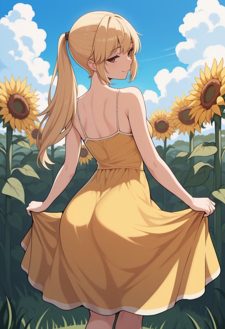 masterpiece, best quality, from behind, solo, 1girl, wgynj, slight smile, looking back, skirt hold, long hair, blonde hair, ponytail, brown eyes, yellow sundress, spaghetti strap, bare shoulders, outdoors, blue sky, cloud, grass, sunflower field
<segment:yolo-Anzhc Face seg 640 v2 y8n.pt,0.4,0.5//cid=1>