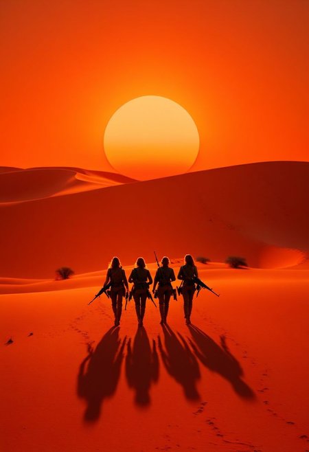 ispzxll, diorama, isometric, miniature, volumetric lighting style, intricate details, desolate, dusty sky, iconic shot, isolated, lonely, orange sky, red dirt, walking away, golden hour, epic, setting sun on horizon, film scene, three slim female figure silhouettes, badass women, carrying rifles