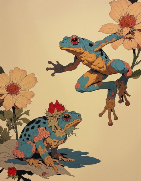 An artful colored frog leaping from one searose leaf to another, midair,on claude monets sea rose pont