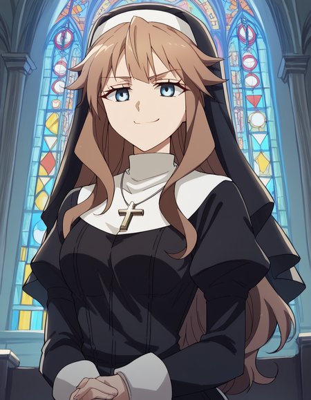 score_9, score_8_up, score_7_up, source_anime, <lora:fiore-forvedge-yggmillenia-apocrypha-s1-ponyxl-lora-nochekaiser:1>, fiore forvedge yggdmillennia, long hair, blue eyes, brown hair, sidelocks, medium breasts,, <lora:traditional-nun-ponyxl-lora-nochekaiser:1>, traditional nun, nun, habit, long sleeves, dress, black dress, jewelry, black veil, cross, cross necklace,, church, smug, praying,, , dutch angle, cowboy shot