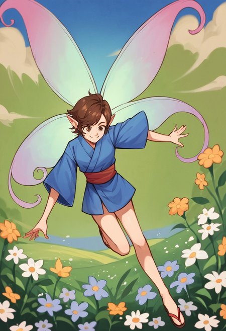 score_9, score_8_up, score_7_up, source_anime BREAK 1girl, solo,   <lora:zs_HighPixieXL:1> highpixiedsrk, short hair, brown hair, brown eyes, pointy ears, blue kimono, wings, fairy, sandals, blue sky, field of flowers, flying, smile
