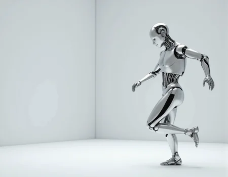 <lora:Staggering:0.85> staggering, A CGI masterpiece showcasing a sleek, chrome robot gracefully dancing in a minimalist white space, dynamic motion blur emphasizing its movements, sharp focus on the intricate details of its metallic surface, creating a visually striking contrast of form and technology. . 35mm photograph, film, bokeh, professional, 4k, highly detailed