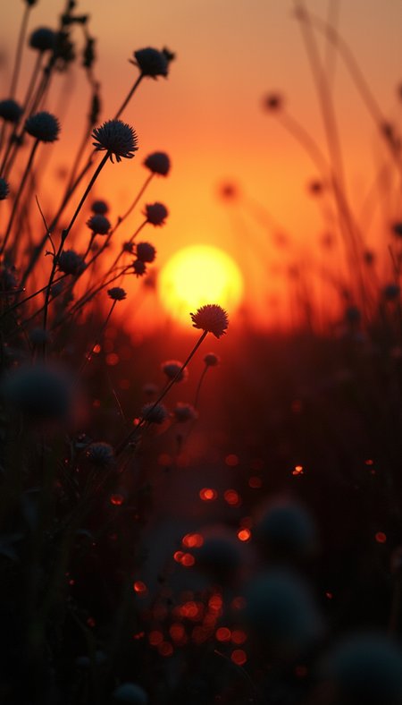 cinematic light, dramatic light, shallow depth of field, high budget, bokeh, cinemascope, 
 by Stephen Shore, by Christopher Balaskas, by Jerzy Duda-Gracz , aesthetic, harmonic, artistic, creative, esthetic. .Endless black space, black mirrored floor.
A macro nature photograph shows silhouetted wildflower stems standing tall against a dramatic sunset background. The delicate plant forms appear as dark shapes, backlit by an orange sun low on the horizon. Scattered circular bokeh effects from the background light sources create glowing orbs across the image. The color palette combines warm orange sunset tones in the sky with cool teal shadows on the ground. The low-angle perspective positions the camera close to ground level, looking up at the wildflower stems reaching toward the sky. The shallow depth of field from a long lens keeps only the closest stems in sharp focus while softly blurring the background. Macro photography with shallow depth of field and dramatic backlighting creates strong silhouettes against a soft-focus background. .

 An otherworldly atmosphere.. 
(Depth of field), low saturation,detail. mythp0rt Stylish, charismatic. , .
,,. .

.,, hyperrealistic, 4K ,.,

 Otherworldly atmosphere.
(Depth of field), low saturation,detail. SCI_FACTOR_COREб UNI_SCI_FI_CORE