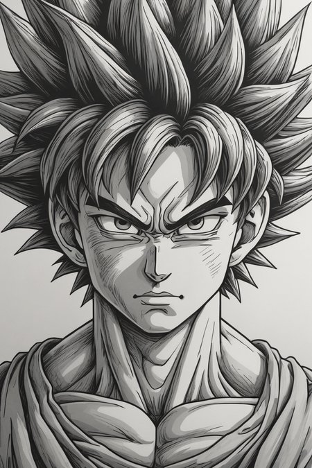 son Goku manga drawing,in great detail,monochrome