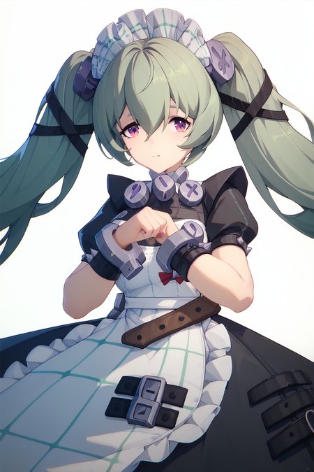 ZZZ_Style,<lora:ZZZ_Style_Pony:1>  <lora:corin_wickes_PDXL:1>corin wickes,green hair,purple eyes,hair between eyes,twintails,medium breast,maid headdress,puffy short sleeves,black dress,white apron, Score_9, Score_8_up, Score_7_up, Score_6_up, Score_5_up, Score_4_up, BREAK,1girl in full growth, best quality, masterpiece, ultra-detailed, high quality,good quality,1 girl,(master piece,high resolution, ultra detailed,8K,16K),look at viewer