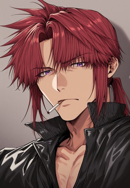 MinekuraStyle, BREAK
1boy, mouth hold, cigarette, smoking, frown, portrait, long hair, ponytail, red hair, black jacket, purple eyes