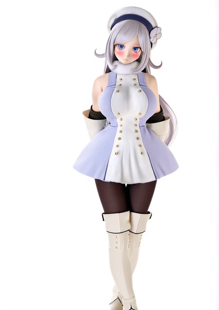 <lora:Azone_International:1>,1girl, aila jyrkiainen, huge breasts, arm behind back, bare shoulders, beret, black legwear, blue eyes, blush, boots, breasts, buttons, closed mouth, double-breasted, dress, elbow gloves, expressionless, full body, fur collar, fur trim, gloves, grey hair, hat, long hair, looking at viewer, pantyhose, parted bangs, sleeveless, sleeveless dress, solo, standing, thigh boots, thigh gap, thighhighs, white footwear, white gloves, white headwear, 
,very awa, masterpiece, best quality, highres, absurdes,amazing quality,year 2024,newest