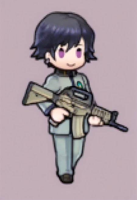 masterpiece, best quality, solo, 1boy, smile, <lora:Feh-Sprites-illus_Fp:1>, chibi, full body, simple background, <lora:Naoya-illus_Fp:1>, naoyap1, black hair, purple eyes, school uniform, emblem, single earring, holding, assault rifle,