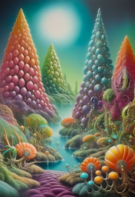 70s airbrush painting of an infinite jeweled alien garden <lora:70s_Sci-Fi_Art_XL:1>