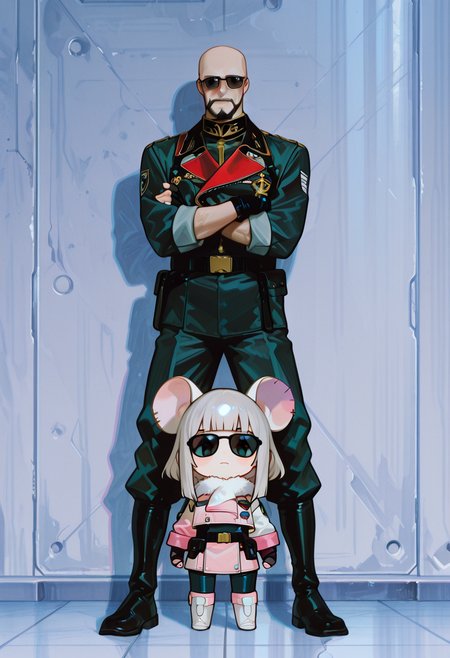 masterpiece, best quality, ultra high res, photorealistic, 8K UHD, hyper-detailed, 
BREAK
1girl, 1boy, full body, standing together, facing viewer, arms crossed, legs apart, confident pose, 
(((1boy:1.2), Aiguille Delaz, (adult male:1.5), white general's uniform, short gray hair, wearing sunglasses, stern expression, bald, facial hair)), 
BREAK
(chibi girl:1.4), light black hair, medium-length hair, blunt bangs, flowing hair, light pink flared sleeves, light pink cropped flight jacket, white base with black pattern tight combat suit, white fur collar, unzipped, patchwork style, high collar, fingerless gloves, wrist guards, functional belt, hip accessory, safety harness buckle, oversized rat ears, 
BREAK
military base, dramatic lighting, sharp shadows, anime style, 
BREAK
BREAK
<lora:USNR_STYLE_ILL_V1_lokr3:0.8>, <lora:748cmSDXL:0.4>, <lora:FINALE:0.2>, <lora:Train4:0.4>, <lora:DetailedEyes_V3:1>, <lora:IL_Aiguille_Delaz:1>,
