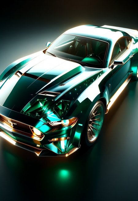 A futuristic car made entirely of transparent crystal that has  hints of a 1966 Ford Mustang convertible. It is  entirely made out of transparent glass crystal, ultra detailed, enhanced, prismatic colors, render, CRU, sharp, 8k, octane render, cinema 4d, blender, dark, atmospheric 4k ultra detailed, cinematic, Sharp focus, big depth of field, Masterpiece, colors, 3d octane render, 4k, concept art, hyperrealistic, Vivid colors, extremely detailed 8k wallpaper, Intricate, High Detail. Car has square LED headlights, a glowing LED Ford mustang  emblem. LED running lights  Car is in a futurist high tech dealer showroom on a circular platform that is lit from below. The car has several spotlights on it which only enhance the crystal.  camera is looking down and sideways as the car. emeraldmorph