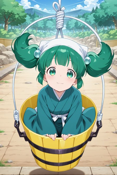 absurdres, highres, masterpiece, best quality, amazing quality, official anime artwork, screencap, anime screencap, outdoors, looking at viewer, light smile, midair, surprised,  
<lora:Kisume_Illustrious:1> kisume, 1girl, solo, green eyes, green hair, short hair, short twintails,, kisume \(bath bucket\), alternate costume, hair bobbles, white headwear, headscarf, japanese clothes, white shirt, blue kimono, wide sleeves, white rope, yellow bucket, in bucket,
