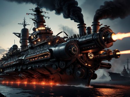 <lora:TechPunkAI:.7> CoalPunkAI ,CogPunkAI  battleship  (Highly detailed, amazing retro-futuristic setting), (Shiny Impressive lighting), (Ultra Realistic, High quality, Highly detailed, Sharp focus, 8K UHD, Art photography), (trending on artstation)