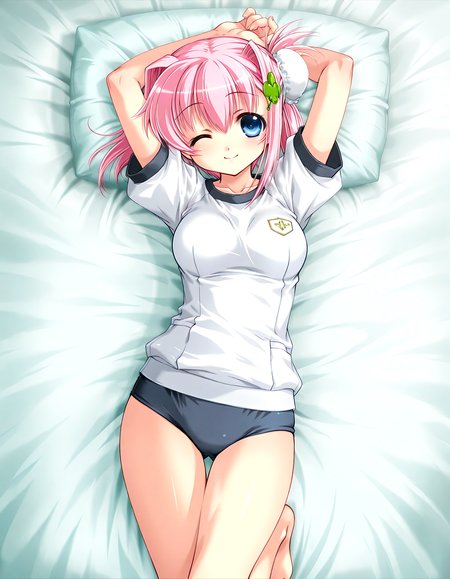 (1girl, solo:1.3), (2girls, 3girls, 4girls, multiple girls, 2boys, 3boys, 4boys, multiple boys:-1.5) <lora:Ainame_Chisato_Hachukano_Illustrious:0.9>, Ainame Chisato, medium breasts, blue eyes, pink hair, short hair, bangs, hair intakes, hair between eyes, sidelocks, bun cover, single hair bun, hair bun, four-leaf clover hair ornament, clover hair ornament, hair ornament, gym shirt, black buruma, smile, one eye closed, general, contrapposto, dynamic pose, arms behind head, portrait, straight-on, from above, dutch angle, indoors, infirmary, clean, (white theme:1.3), bed sheet, pillow, head on pillow, on bed, lying, on back, wide window, outdoor view, curtains, plant, potted plant, (perspective:0.7), barefoot, <lora:NOOB_EPSv1_1_detailer_by_vlnvk_v1_0:1.5>, (photo background:0.7), night, (tachibana yuu:0.6), inue shinsuke, (kazuma muramasa:0.0), saikawa yusa, (aoi manabu:0.6), abarerumidori, (suzui narumi:0.6), masterpiece, newest, absurdres, 8K, anime screenshot, anime coloring, flat color, official art, film grain, <lora:illustriousXLv01_stabilizer_v1.185c:0.7>, <lora:LECO_Solo:-4.0>,
