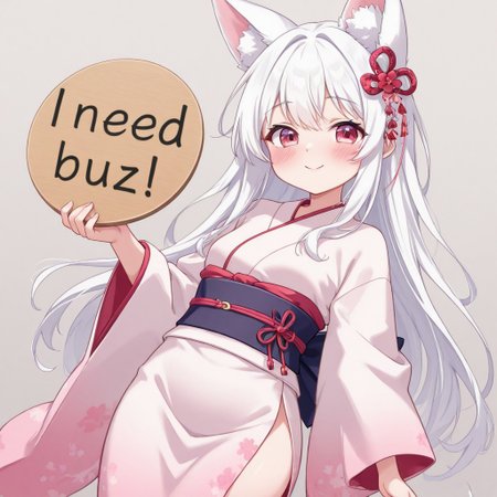 Cute girl with fox ear, white hair, long hair, young woman, small breasts, kimono, blush, smile,  holding board “need_buzz”