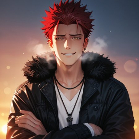 masterpiece, best quality, amazing quality, absurdres, newest, detailed background, definition so sharp, Ultra-HD, 8K cinematic, very awa, impressionate, amazing quality, highres, 
solo, male focus, manly, shadow, shiny skin, bokeh, warm light, light particle,
1boy, spiked hair, short hair, mikoto_red hair, mikoto_yellow eyes, mikotosuoh, black jacket, fur trim, v-neck, white shirt, necklace, ear piercing, crossed arms, calm face, heavy breath, dawn, extremely sad expression, slightly smiling, sad smile, looking at viewer, furrowed brow