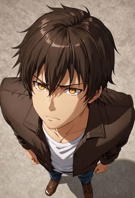 Highres, Masterpiece, High Quality, 4K, 8K, solo, 1Boy, Seiya Kanie, short dark brown hair, golden eyes, standing, straight facing upwards, casual, seen from above, arrogant face, dominant, intimidate, easynegative, detailed_eye_model
