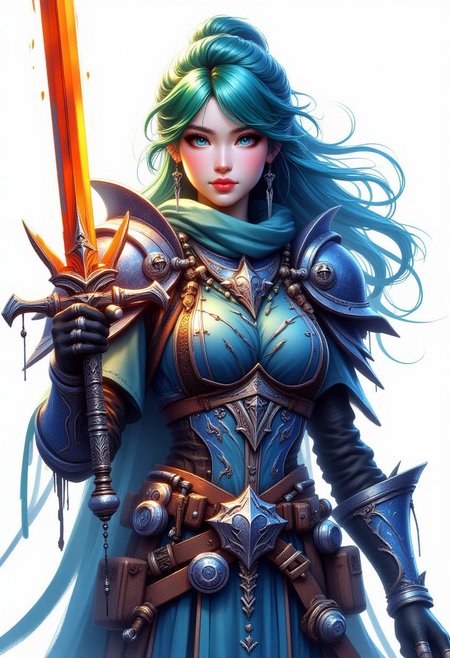 FFAOR, inksketch, 1woman, Frost Blue armor, sky blue eyes, orange glowing sword, cherry red lips, pine green hair, beautiful