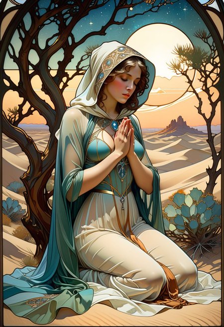 Classic illustration in Art Noveau style,(Mucha style), victorian realistic vitral, scene of woman praying in the desert on her knees, receive temptations, realistic, perfect geometry, realistic and detailled, perfect, reallistic and brillant collors, luminous, cape with hood, dry and twisted trees, night, BREAK, breasts cutout,(very transparent clothes:1.4)