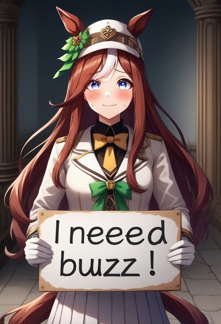 ( Latex,manhattan_cafe_(umamusume), ,(need_buzz, holding sign)1girl,  need_buzz, holding sign with another hand ,yellow_necktie,black long hair ,white_gloves,  : 1.3), fake smile, nervous sweat, wavy mouth, squatting, looking at viewer, very awayellow eyes,pants, ear_covers, gloves, hat, horse_ears, horse_girl, horse_tail, jacket, , long_hair, , mismatched_gloves, , tail, two-tone_bow, two-tone_bowtie,  white_hair, white_hat, white_jacket, white_skirt, Herbs Morph