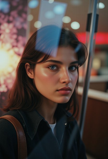 This photograph captures a young Asian woman standing indoors, likely in a public space such as a mall or urban square, shot through a reflective glass surface that creates a double exposure effect. In the foreground, the woman gazes directly at the camera with a contemplative expression. Her long, straight black hair falls past her shoulders, and her fair skin is complemented by subtle makeup, accentuating her natural features. She wears a dark-colored coat, with a brown leather strap visible across her shoulder, hinting that she is carrying a bag. The background is blurred, featuring a soft mix of warm and cool ambient city lights. The reflection in the glass reveals a surreal scene of garden flowers, the sky, and a glowing moon, adding an ethereal quality to the image. The indoor setting suggests a modern architectural design, with glass and metal elements visible. The overall mood is introspective and slightly melancholic, enhanced by the reflective surface, soft lighting, and the dreamlike reflection of nature, capturing a moment of quiet contemplation in a modern urban environment. (close-up portrait, deep rich complexion, symmetrical face, pouty lips, makeup, freckles, striking blue eyes, retr0grade80s, vintage style, 1980 style, vintagegirls)