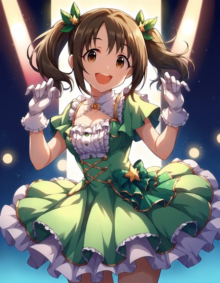 score_9,score_8_up,score_7_up,1girl,solo,cowboy shot,looking at viewer,smile,open mouth,stage lights,
<lora:imaikana_ponyXLV6:0.8>,cgikn,
brown hair,twintails,brown eyes,
green dress,frills,white gloves