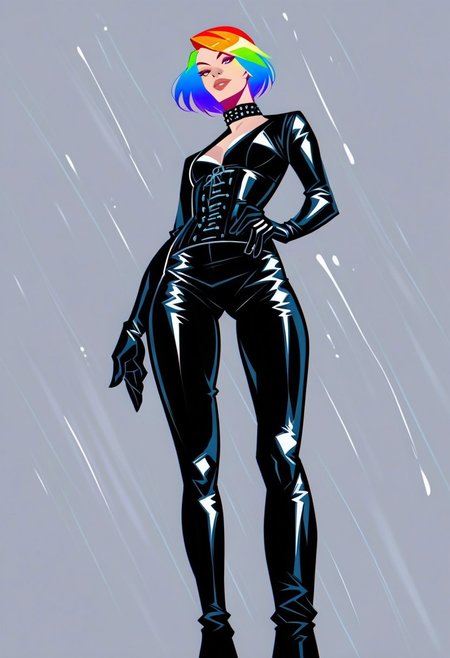 score_9, score_8_up, score_7_up, dutch_angle, from_below, footwear_focus, simple_background.
 BREAK 
A beautiful petite woman in her 20s with a rainbow hair in black leather bodysuit, long sleeves, cowboy shot, head turned, looking at viewer, hair flowing, head tilted, black rubber gloves, corset, HW_Corset, collar, tight black latex pants, belts, slim body, posing in a rainy street