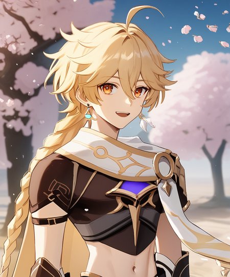 score_9, score_8_up, score_7_up, score_6_up, score_5_up, score_4_up, source_anime, aether \(genshin impact\), looking at viewer, male focus, solo, happy, open mouth, orange eyes, genshin impact, blonde hair, long hair, ahoge, hair between eyes, scarf, cape, navel, single braid, single earring, jewelry, gloves, bangs, solo, male focus, tree, tassel, outdoors, cherry blossoms, depth of field, close up shot,  <lora:AetherPDXLep21:1>
