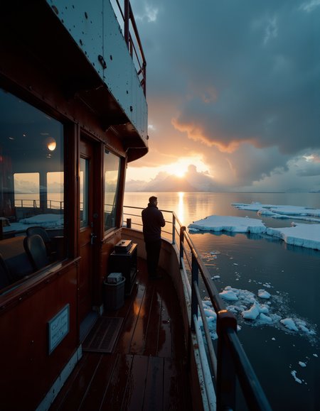 A cinematic photography.
Shot from behind of a Icebreaker, at Dusk, designed by tom bagshaw, donato giancola, greg manchess, karol bak and peter mohrbacher, Light, Cinestill 50, atmospheric perspective, background inspired, ambient atmosphere, contemporary, advanced cinematic perfect light, atmosphere, lush.