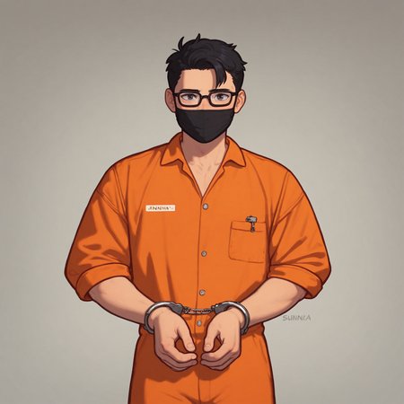 score_9, score_8_up, score_7_up, score_6_up, score_5_up, score_4_up, inmate, male focus, solo, orange jumpsuit, handcuffs, asian, black hair, glasses, black mask, sunna (nilsunna) <lora:PrisonerLyCORIS-Prodigy-000025:0.4>