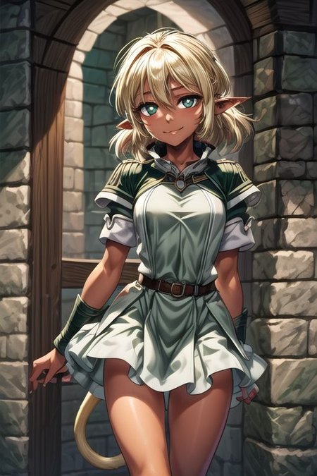 best quality, ultra-detailed, (1girl, solo,fam, blonde hair, (green eyes:1.5), pointy ears, Small breasts, dark skin, dark-skinned female, elf, long pointy ears, tail, Brutal smile, Narrow eyes), tutu skirt, ng_deepnegative_v1_75t, easynegative