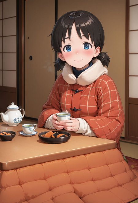 masterpiece, best quality, amazing quality, very awa, looking at viewer,  
 <lora:Nina illu:1> 1girl, black hair, short hair, short twintails, blue eyes, smile, 
winter clothes, tea, kotatsu, low table, small japanese teapot, green tea, senbei, smile, blush, looking at viewer,