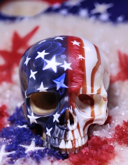 (patriotic geodeskull), (Ultra realistic, intricate, Ultra high resolution masterpiece), (High quality, Superb lighting, Highly detailed, Sharp focus, 8K UHD, masterpiece art) <lora:GEODESKULL-GEODESKULL-000005:0.9>