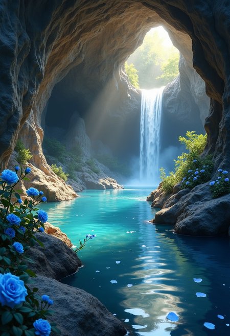 a cave surrounded by gemstones in the distance you can see a water basin with a waterfall blue roses grow by the basin the light from the gemstones with which the wall is decorated falls on the water and casts shadows on the rose petals the atmosphere of the picture is magical and warm,(masterpiece, best quality),(sharp focus:1.2),(photorealistic),(intricate details)