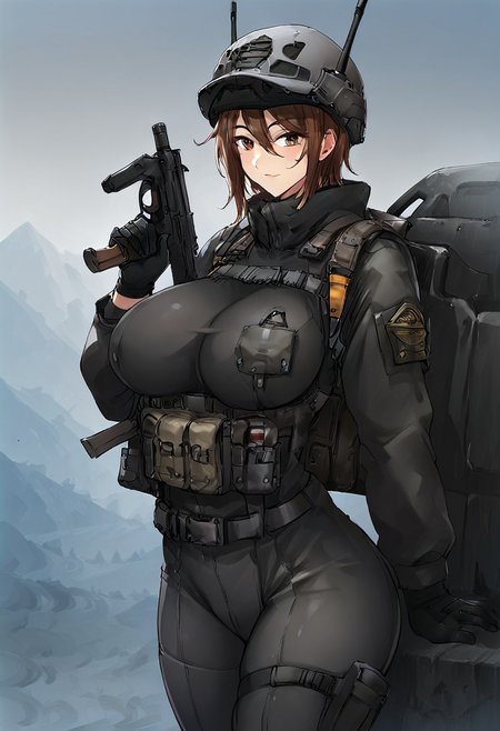 EasyNegativeV2, FastNegativeV2, haganef, overfit style, large breasts, 1girl, solo, big breasts, sexy body , big butt, big breasts, shaggy big breasts, young, big chest, <PUT OVERFIT STYLE IN NEGATIVE PROMPT>
score_9, score_8_up, score_7_up, score_6_up, score_5_up, score_4_up, anime source
1girl, brown hair, brown eyes, short hair, solo, gloves, pants, grey pants, jacket, black gloves, tactical clothes, long sleeves, backpack, grey headwear, bodysuit, multiple straps, headphone on ears,  P90, weapon, submachine gun, holding gun