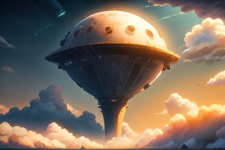 scifi fantasy, painterly concept-art, floating/hovering skydock, part of an astropunk manufacturing facility, where they produce commercial starships, up in the stratosphere, daytime, outdoors, cloudscape, implied scale, implied height, minimalist, [flat vector digital wallpaper style], high resolution, pastel hues, [orange, pearl white, pink, ochre, onyx, cobalt], neon lighting strips,