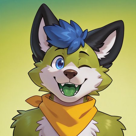 best quality, amazing quality, high resolution, masterpiece, very aesthetic, absurdres, newest, simple art, depth of field, source_anime, furry, furry male, anthro, realistic,
syuro, chun13, zuppu11, (((detailed eyes)), green background, gradient background, wink, winking, one eye closed, happy, mouth open, teeth, green tongue, green mouth, looking at viewer, (((portrait, dynamic face))), yellow bandana, (((contrast, colorful))),
lim3, (((green body, white fur))), (((better quality))), black ears, white inner ear, brown nose, blue hair, ((blue eyes))