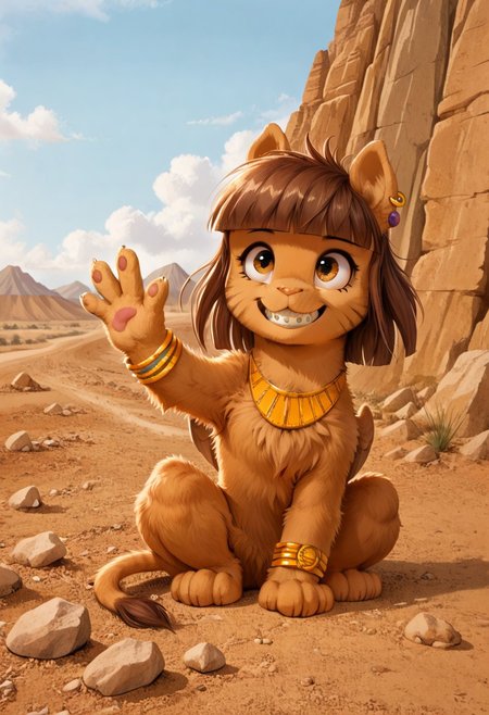full body, ((solo)), furry, fluffy, fluffy fur, perfect eyes, zPDXL3, ((action_pose:1.5)), sfw, 

cute female furry feral chibi m4gp1e, sitting, greeting, smiling, braces, waving, rocks, source_furry <lora:Magpie (Riddle Me This!) [Pony]_epoch_12:1> m4gp1e, sphinx, feral, jewelry, bracelets,

(((outside desert mountain))),  

(high detailed face), (high art quality), (high detailed), 4k, (high resolution), (8k resolution), masterpiece, best quality, ((scenery)), detailed background