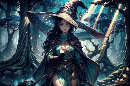 <lora:FeyAndFairies:1> FeyFa, magical fantasy, scene, forest, river, trees, sun rays,  <lora:Fantasy_Classes_SD:1> fantasy class, witch, witch hat, cape, gloves, tunic, thighhigh boots, best quality, masterpiece, <lora:more_details:0.65>, 1girl, solo