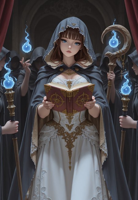 masterpiece, best quality, 1 woman, 1girl, solo, dress, VCD-Illu, cloak, hood on, fantasy style, lace, tulle, brocade, dynamic pose, head tilt, holding magic book, surrounded by magic, one hand holding staff