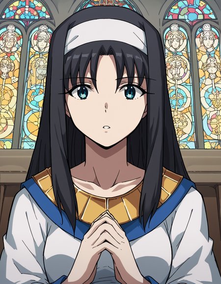score_9, score_8_up, score_7_up, source_anime, <lora:carnivalphantasm-akiha-toono-ova-ponyxl-lora-nochekaiser:1>, akiha toono, tohno akiha, long hair, blue eyes, black hair, hairband, white hairband, medium breasts,, <lora:buddhist-nun-ponyxl-lora-nochekaiser:1>, buddhist nun, nun, habit, vitakra mudra, mudra, coif, gold necklace, priestess,, church, parted lips, praying,, cowboy shot, , dutch angle, cowboy shot