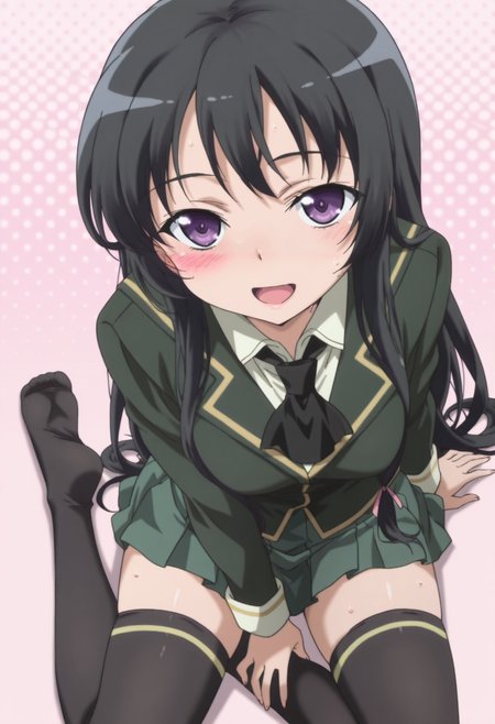anime screencap, anime coloring, , <lora:DX888Yozora:1> mikazuki yozora, purple eyes, black hair, very long hair, hair ribbon, green skirt, green blazer, school uniform, blazer, ascot, pleated skirt, black thighhighs, zettai ryouiki,  BREAK  pink background, polka dot background,( simple background:1.2), BREAK 
 1girl, arm support, blush, breasts, feet, from above, looking at viewer, looking up, open mouth, sitting, smile, soles, solo, sweat,
