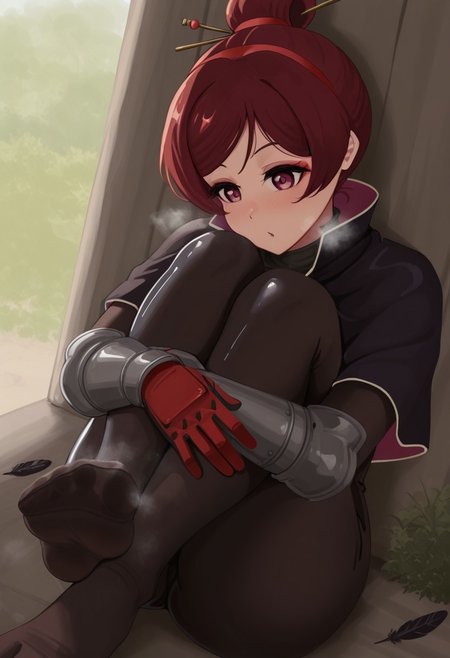 evildaddy12,  outdoors, undershirt, falling feathers, black bodysuit, hair stick, hugging own legs, , gauntlets,   eyeshadow,   red gloves,  high ponytail,  , black capelet, red hairband, pink eyes, 1girl, solo, feet, visible breath,   dynamic angle, foreshortening, smell, steam,