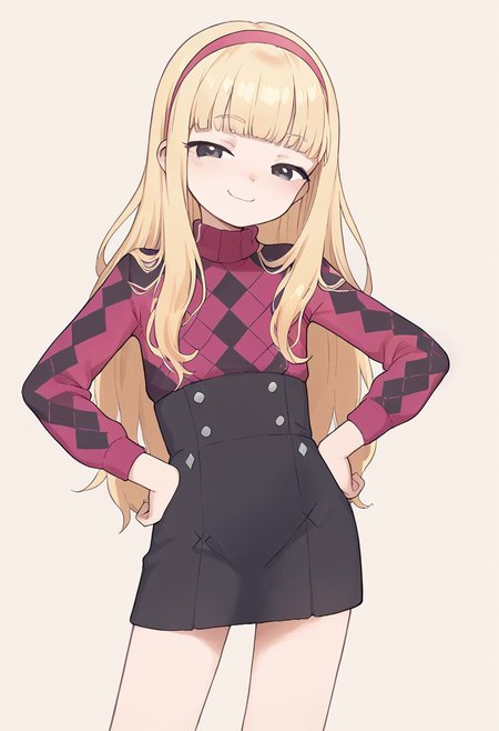 score_9, score_8_up, score_7_up, score_6_up, 
1girl, kendall perkins, blonde hair, blunt bangs, black eyes, long hair, pink hairband, argyle sweater, long sleeves, black skirt, perfect hands, smug, posing, flat chest, solo, simple background, half closed eyes, hands on hips