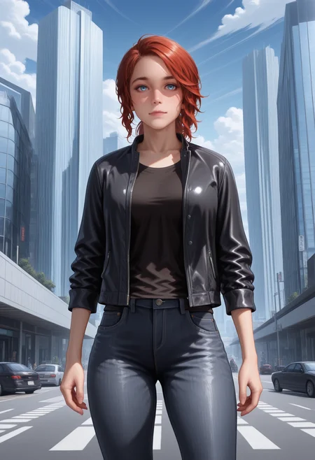 masterpiece, best quality, amazing quality,j3ss3, <lora:jesseFaden_illustrious_byJaneB:1>
jeans, black shirt, jacket, (tall skyscrapers:1.3), huge buildings,
