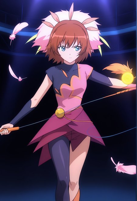 masterpiece, best quality, very aesthetic, absurdres, 1girl, solo,
<lora:rosetta_passel_v02:0.9>, rosetta_passel, rosetta_stage, brown hair, short hair, blue eyes,
feathers, asymmetrical clothes, single sleeve, single elbow gloves, single leg pantyhose, asymmetrical legwear, diabolo, juggling